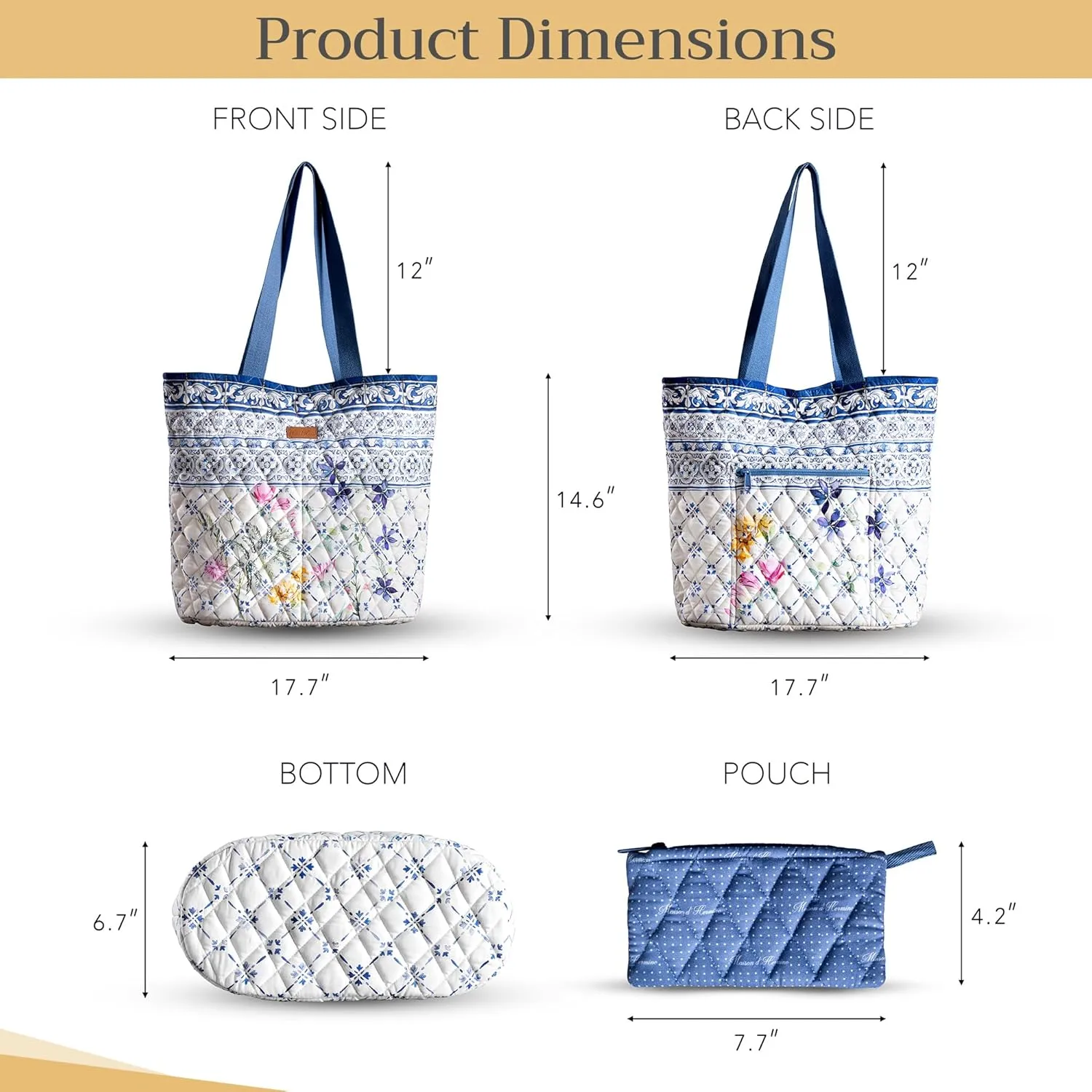 Maison d' Hermine Shopping Bag Cotton Quilted Tote Bag with Zipper Pockets & Small Pouch Grocery Bag for Work Travel Lunch