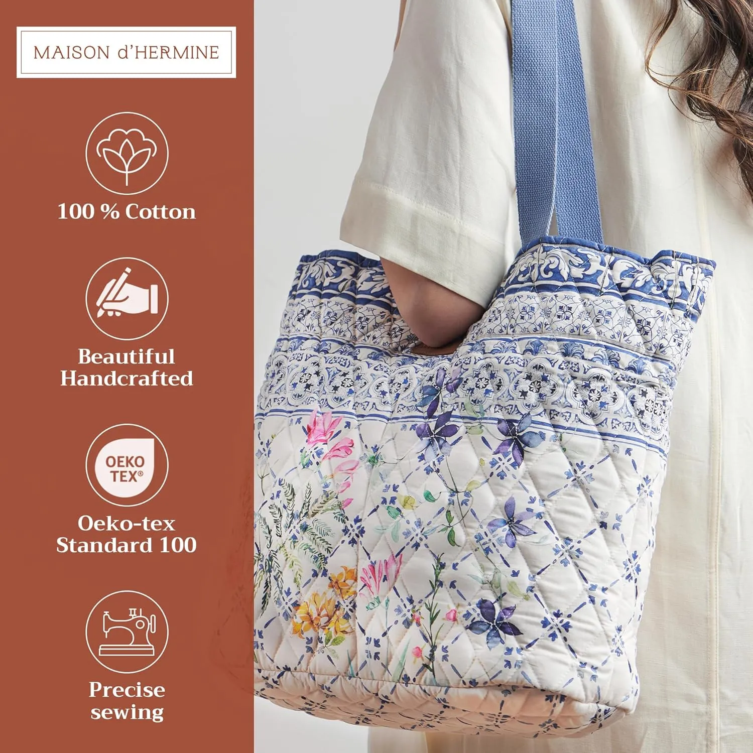 Maison d' Hermine Shopping Bag Cotton Quilted Tote Bag with Zipper Pockets & Small Pouch Grocery Bag for Work Travel Lunch