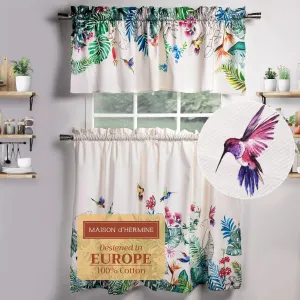 Maison d'Hermine Kitchen Curtains Sets for Windows 100% Cotton Set of Kitchen Curtains Valances for Cafe Home [2 Tiers (28"X36") and 1 Valance (56"X18")] - Gifts for Mothers Day (Tropiques)
