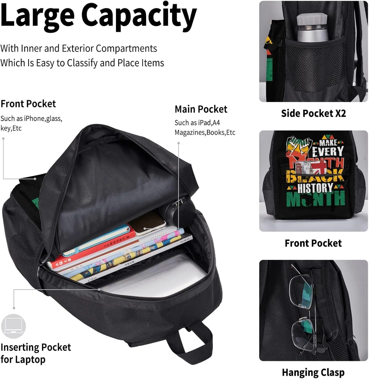 Make Every Month Black History Month Multifunctional Pocket Backpack Crossbody Lunch Bag Pencil Case 3Pcs Set Large Capacity Backpack