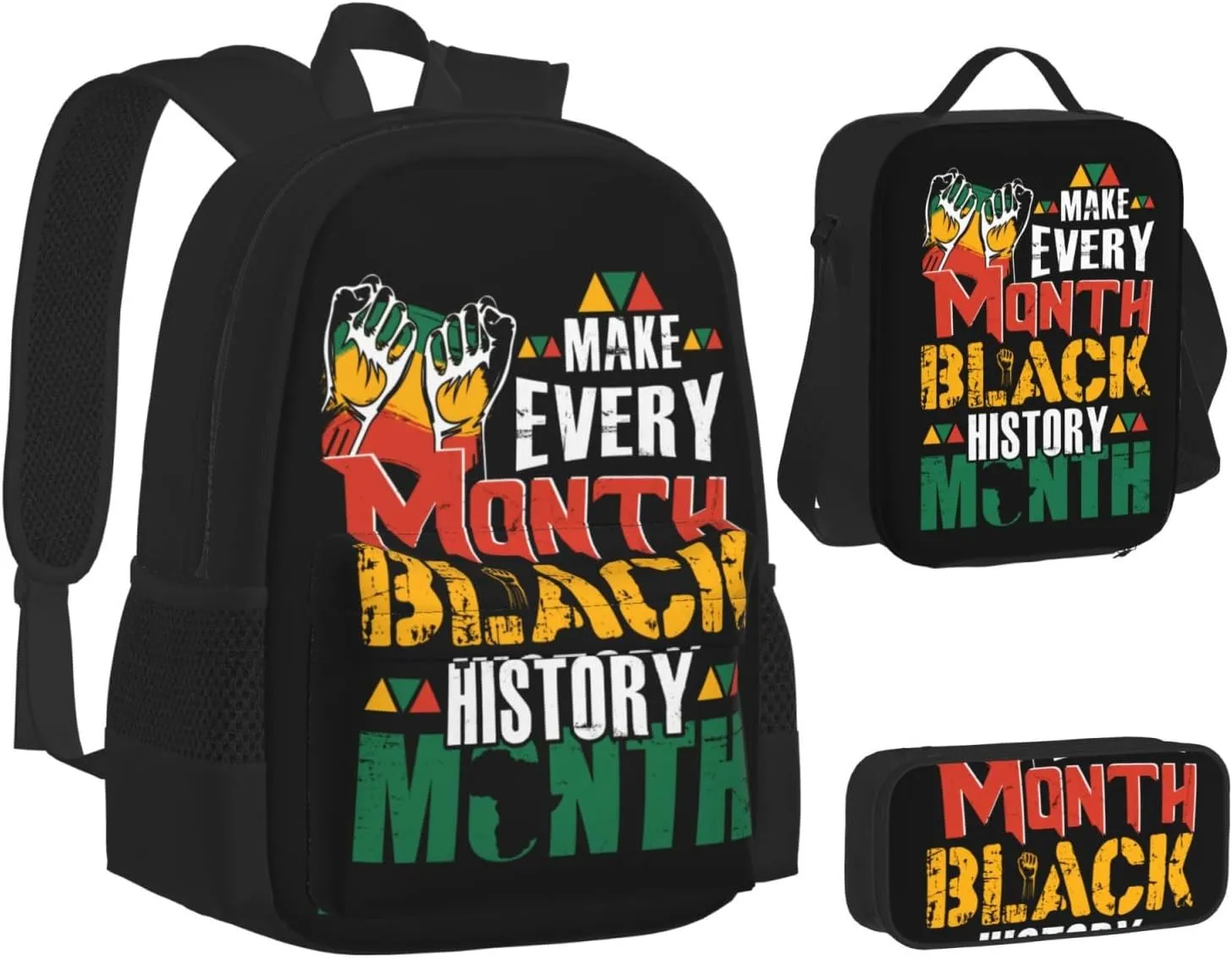Make Every Month Black History Month Multifunctional Pocket Backpack Crossbody Lunch Bag Pencil Case 3Pcs Set Large Capacity Backpack