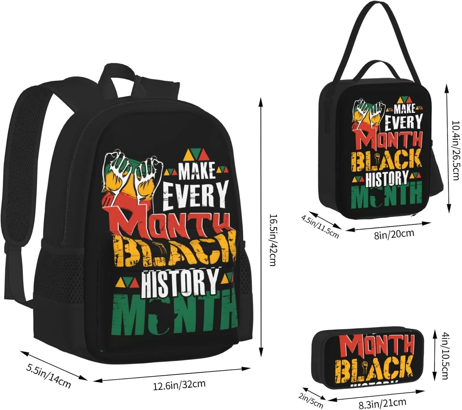 Make Every Month Black History Month Multifunctional Pocket Backpack Crossbody Lunch Bag Pencil Case 3Pcs Set Large Capacity Backpack