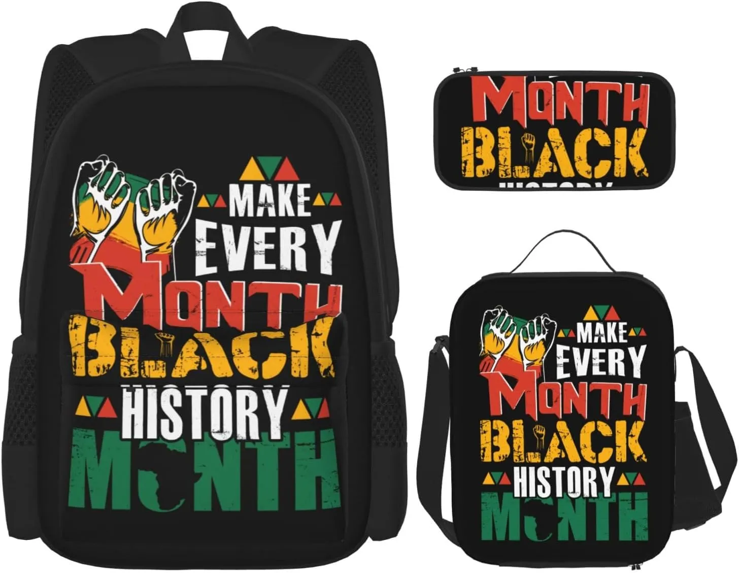 Make Every Month Black History Month Multifunctional Pocket Backpack Crossbody Lunch Bag Pencil Case 3Pcs Set Large Capacity Backpack