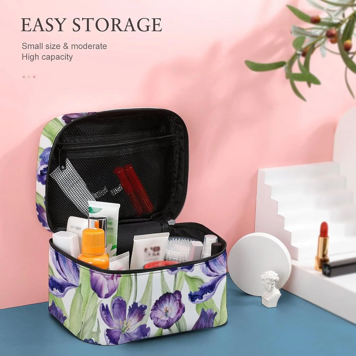 Makeup Bag Floral Tulip Purple Plant Cosmetic Bag for Women, Beauty Zipper Makeup Organizer PU Leather Waterproof Toiletry Train Case Botany