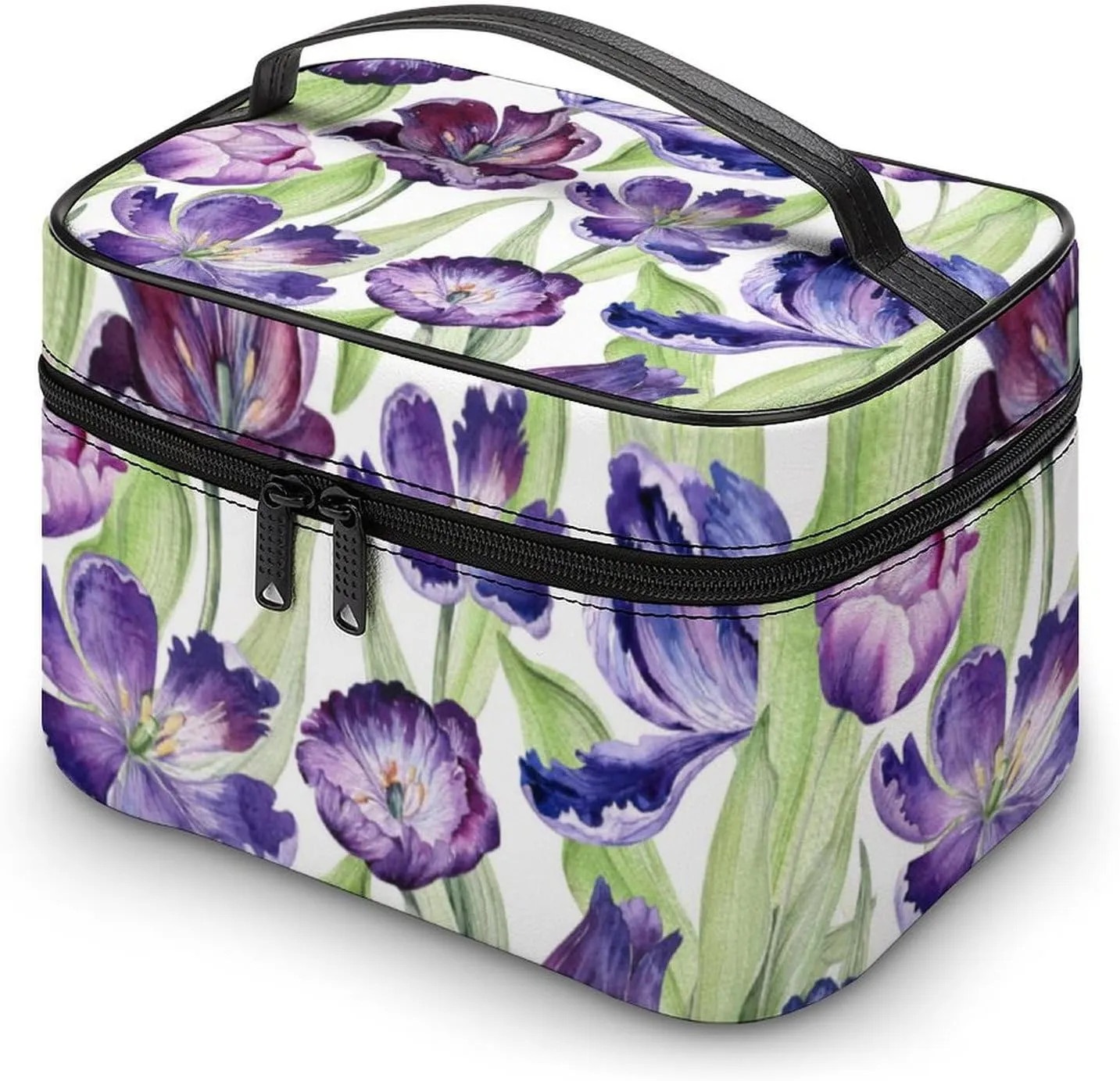 Makeup Bag Floral Tulip Purple Plant Cosmetic Bag for Women, Beauty Zipper Makeup Organizer PU Leather Waterproof Toiletry Train Case Botany