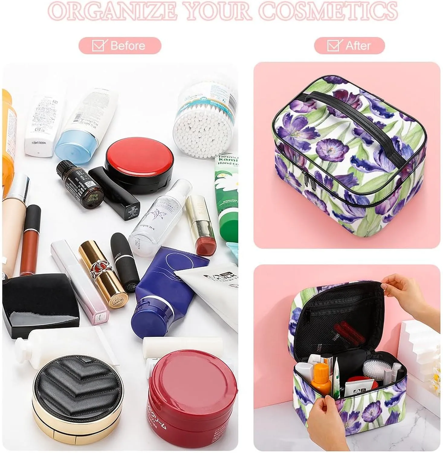 Makeup Bag Floral Tulip Purple Plant Cosmetic Bag for Women, Beauty Zipper Makeup Organizer PU Leather Waterproof Toiletry Train Case Botany