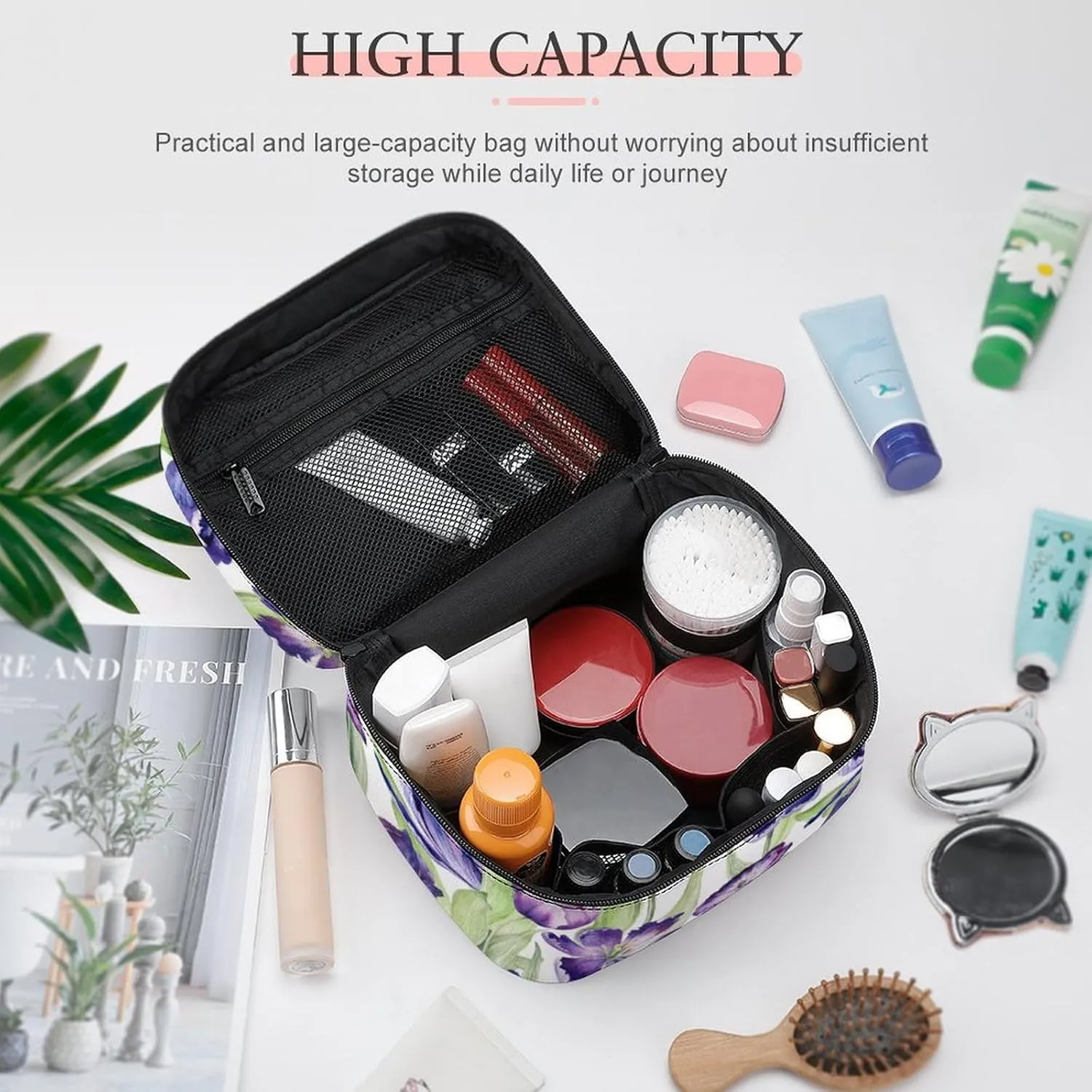 Makeup Bag Floral Tulip Purple Plant Cosmetic Bag for Women, Beauty Zipper Makeup Organizer PU Leather Waterproof Toiletry Train Case Botany