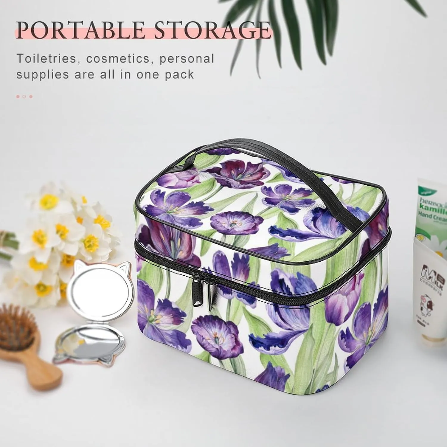Makeup Bag Floral Tulip Purple Plant Cosmetic Bag for Women, Beauty Zipper Makeup Organizer PU Leather Waterproof Toiletry Train Case Botany