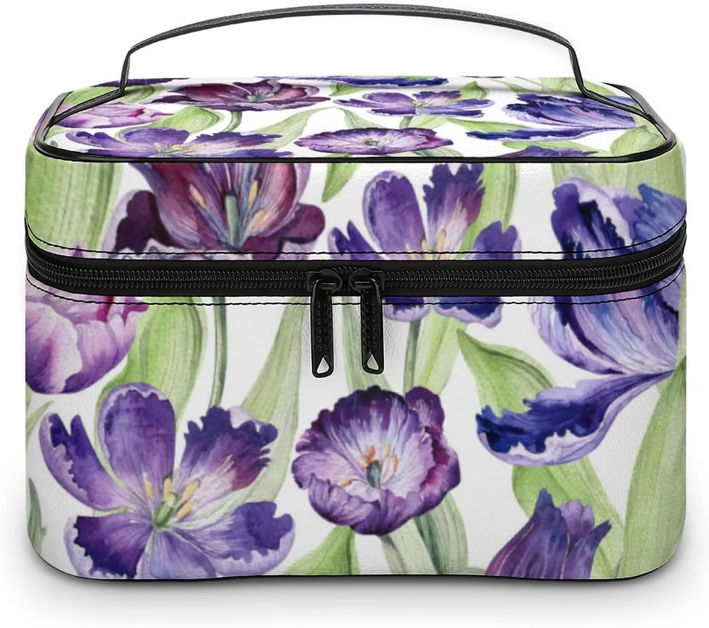 Makeup Bag Floral Tulip Purple Plant Cosmetic Bag for Women, Beauty Zipper Makeup Organizer PU Leather Waterproof Toiletry Train Case Botany