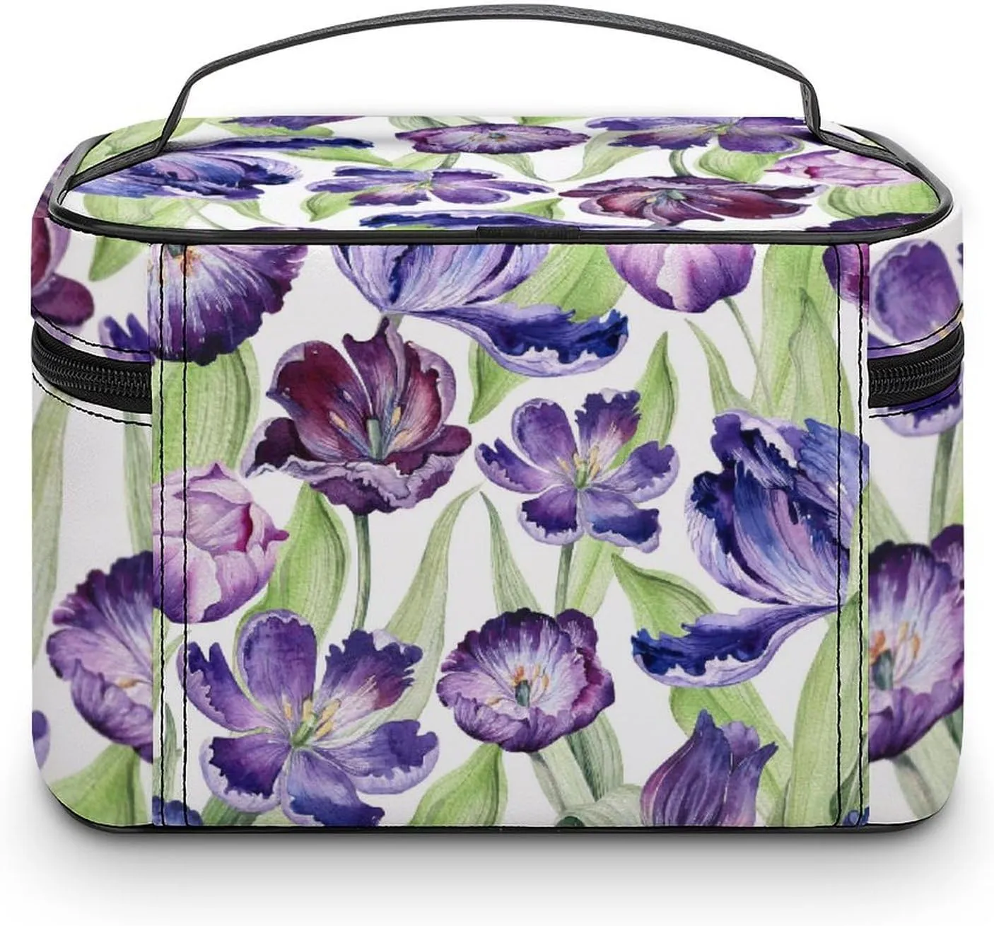 Makeup Bag Floral Tulip Purple Plant Cosmetic Bag for Women, Beauty Zipper Makeup Organizer PU Leather Waterproof Toiletry Train Case Botany