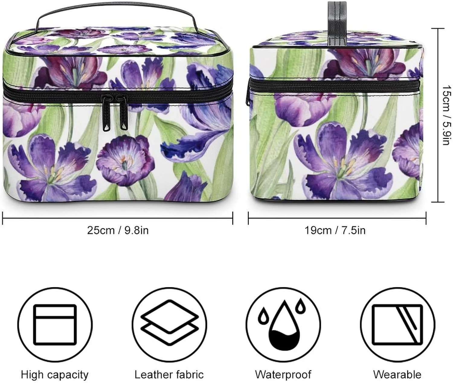 Makeup Bag Floral Tulip Purple Plant Cosmetic Bag for Women, Beauty Zipper Makeup Organizer PU Leather Waterproof Toiletry Train Case Botany