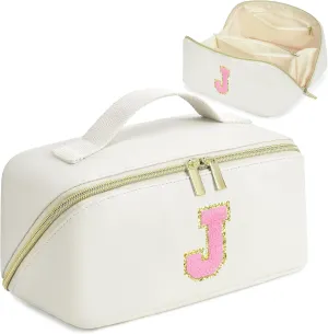 Makeup Bag for Women, PU Leather Travel Toiletry Bags, Initial Make Up Cosmetic Pouch for Teen Girls, Wide Open Portable Skincare Bag, Personalized Birthday Graduation Gifts Ideal,
