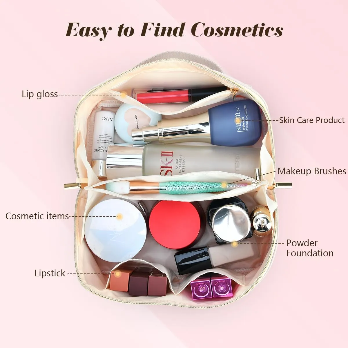 Makeup Bag for Women, PU Leather Travel Toiletry Bags, Initial Make Up Cosmetic Pouch for Teen Girls, Wide Open Portable Skincare Bag, Personalized Birthday Graduation Gifts Ideal,