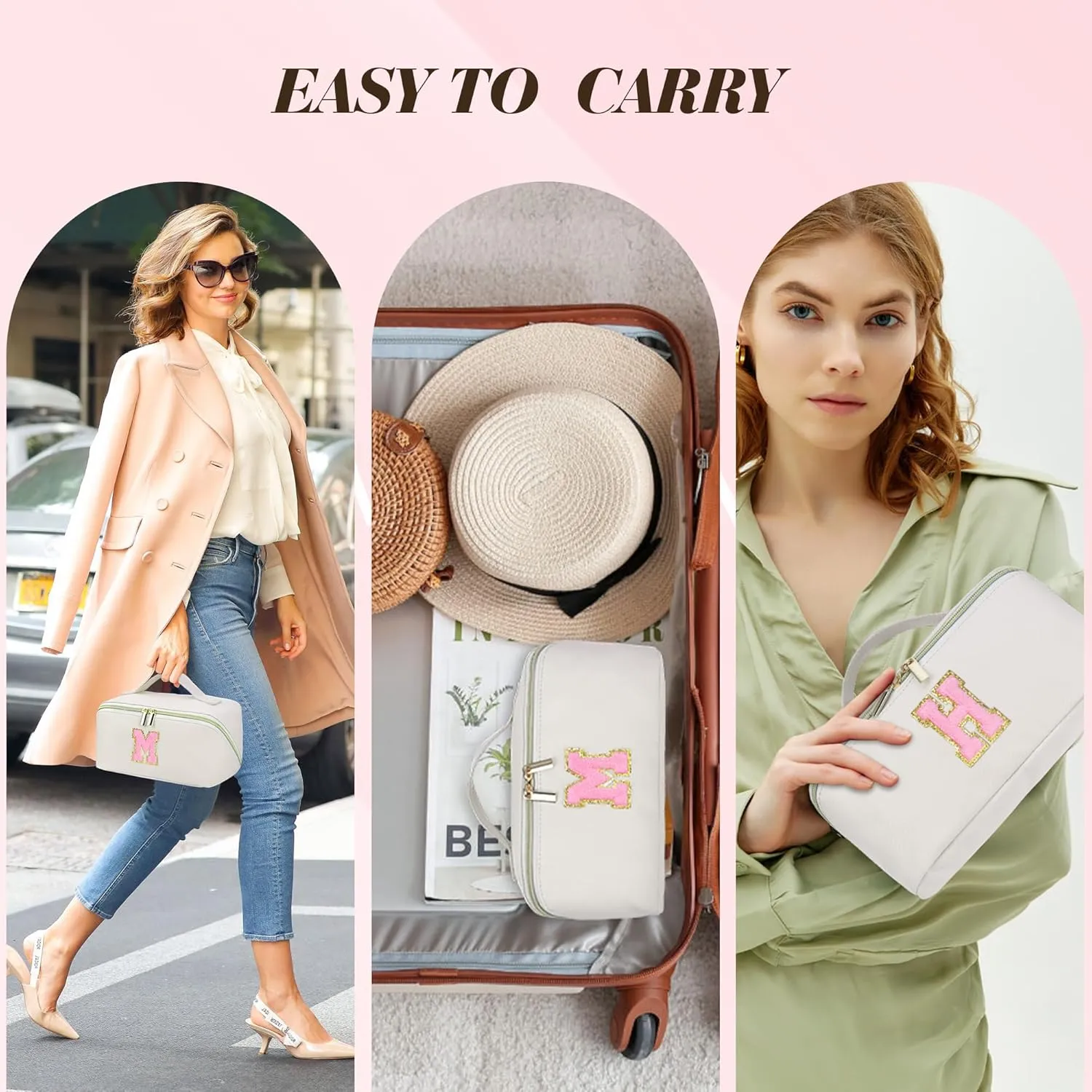 Makeup Bag for Women, PU Leather Travel Toiletry Bags, Initial Make Up Cosmetic Pouch for Teen Girls, Wide Open Portable Skincare Bag, Personalized Birthday Graduation Gifts Ideal,