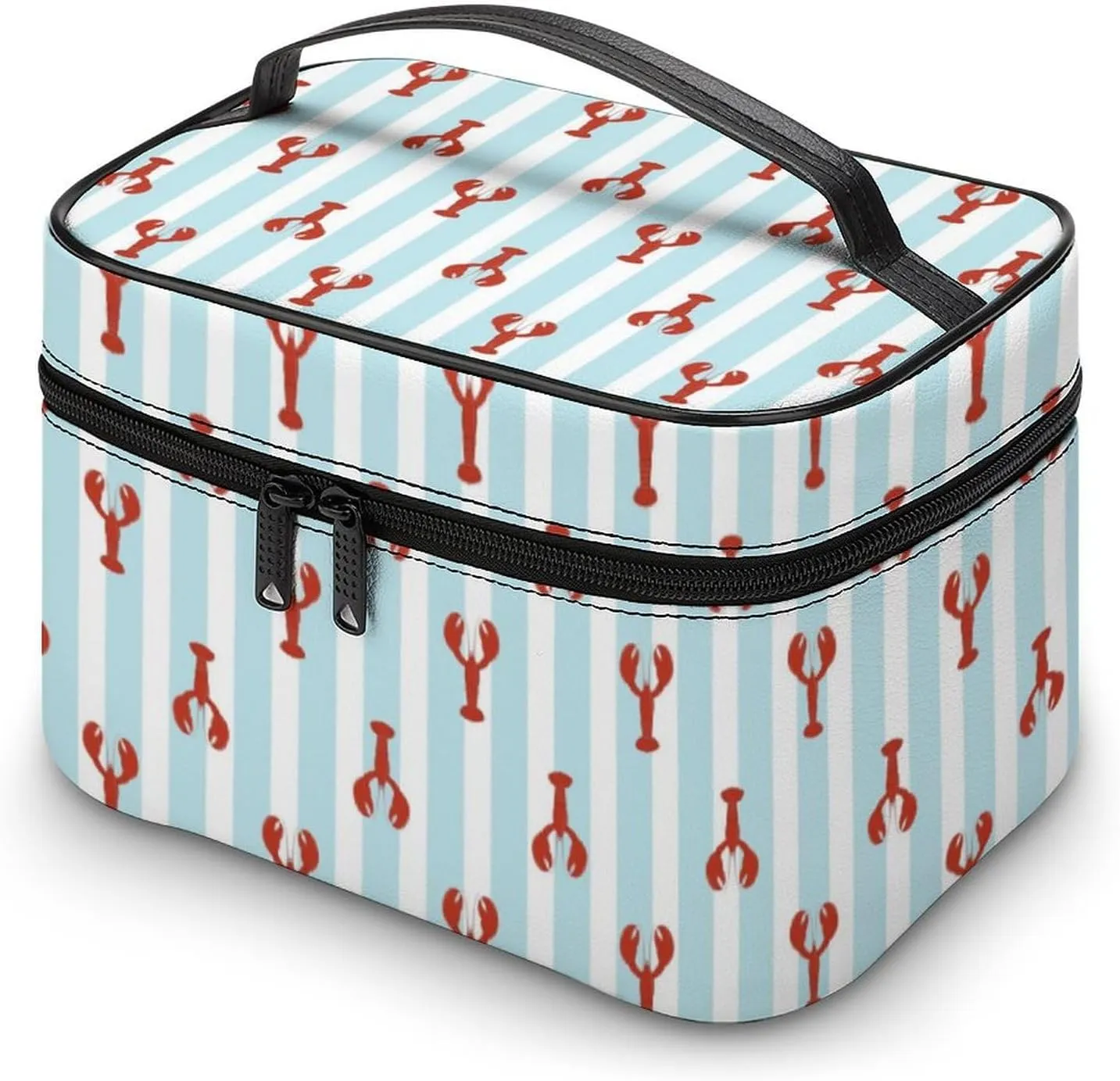 Makeup Bag Red Lobster Crawfish Cosmetic Bag for Women Beauty Zipper Makeup Organizer PU Leather Waterproof Toiletry Train Case Cute Marine Pattern
