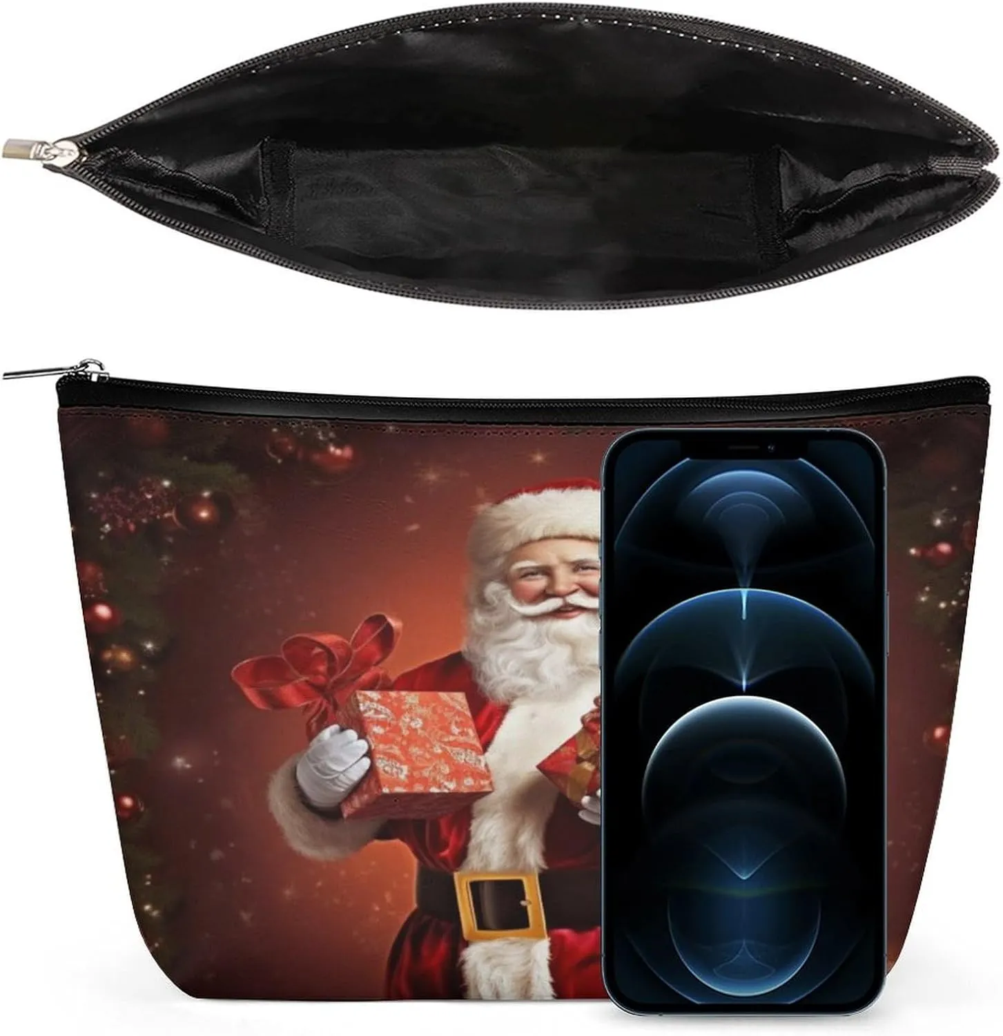 Makeup Bag Travel Cosmetic Bag Portable Lovely Santa Claus Holding Present Toiletry Bag Large Capacity Zipper Pouch Makeup Organizer Case Waterproof Toiletry Pouch for Women Men