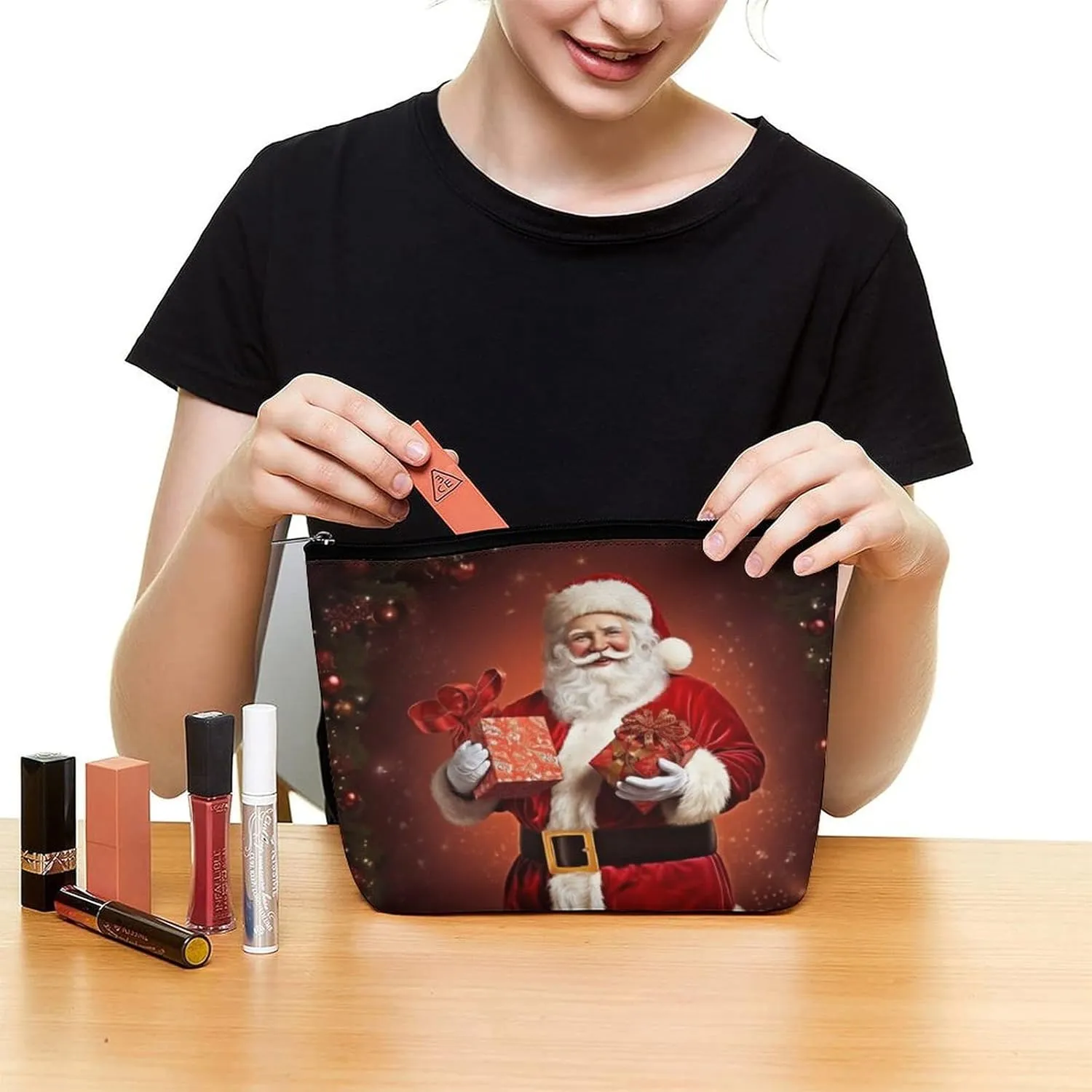 Makeup Bag Travel Cosmetic Bag Portable Lovely Santa Claus Holding Present Toiletry Bag Large Capacity Zipper Pouch Makeup Organizer Case Waterproof Toiletry Pouch for Women Men