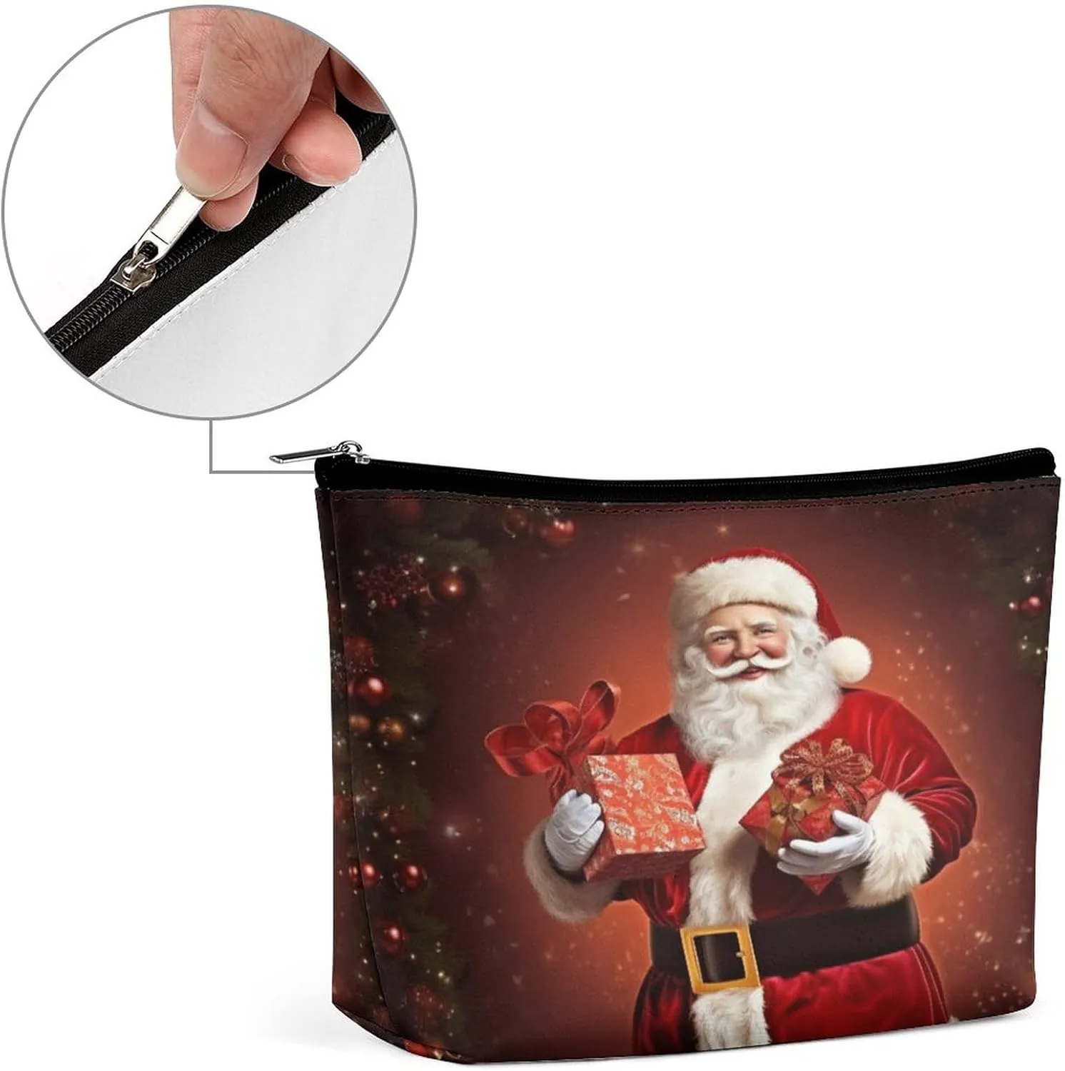 Makeup Bag Travel Cosmetic Bag Portable Lovely Santa Claus Holding Present Toiletry Bag Large Capacity Zipper Pouch Makeup Organizer Case Waterproof Toiletry Pouch for Women Men