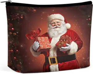 Makeup Bag Travel Cosmetic Bag Portable Lovely Santa Claus Holding Present Toiletry Bag Large Capacity Zipper Pouch Makeup Organizer Case Waterproof Toiletry Pouch for Women Men
