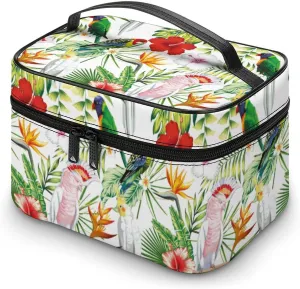 Makeup Bag Tropic Flower Parrot Cosmetic Bag for Women Beauty Zipper Makeup Organizer PU Leather Waterproof Toiletry Train Case Summer