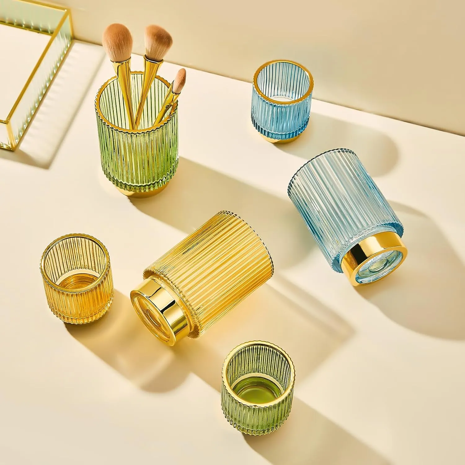 Makeup Brush Holder Organizer,Toothbrush Holders,Desk Pen Pencil Holder,Multifunctional Vintage Glass Brush Cup（L/Blue/A3-8-US）