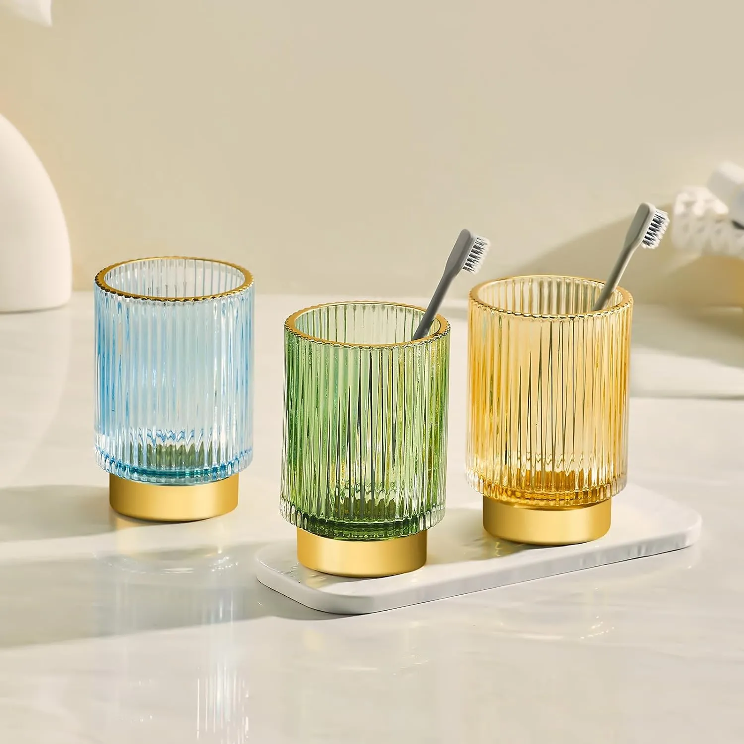 Makeup Brush Holder Organizer,Toothbrush Holders,Desk Pen Pencil Holder,Multifunctional Vintage Glass Brush Cup（L/Blue/A3-8-US）