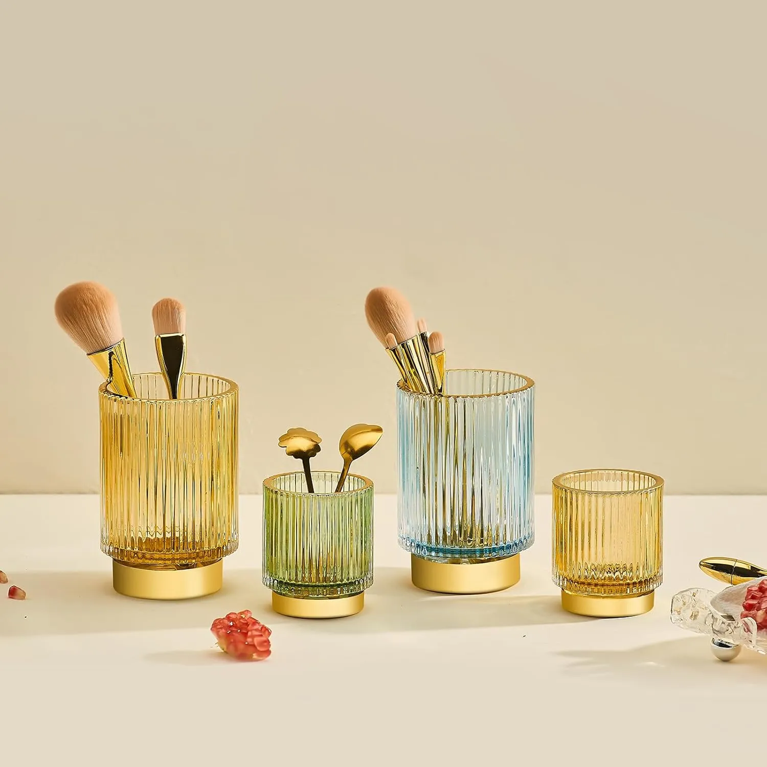Makeup Brush Holder Organizer,Toothbrush Holders,Desk Pen Pencil Holder,Multifunctional Vintage Glass Brush Cup（L/Blue/A3-8-US）