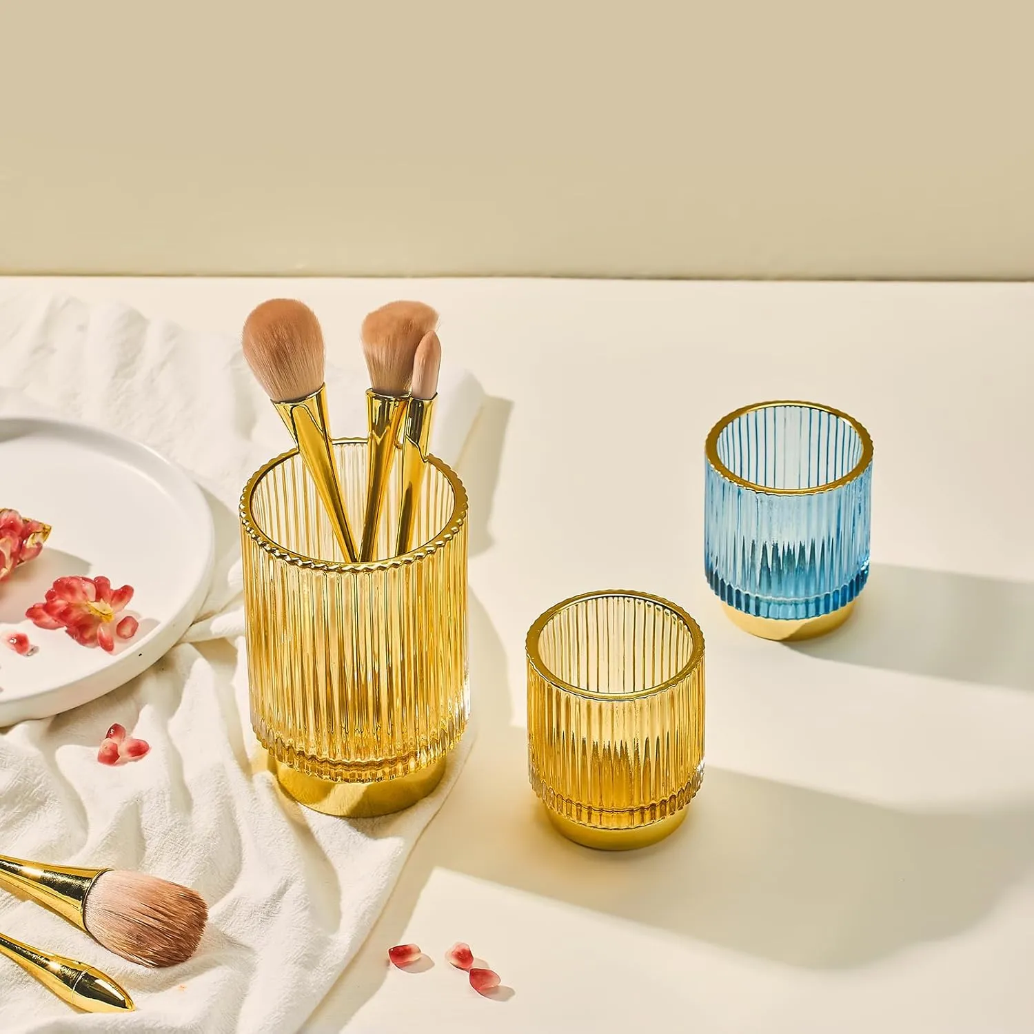 Makeup Brush Holder Organizer,Toothbrush Holders,Desk Pen Pencil Holder,Multifunctional Vintage Glass Brush Cup（L/Blue/A3-8-US）