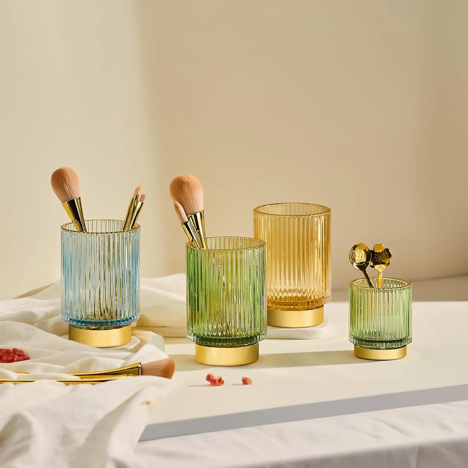 Makeup Brush Holder Organizer,Toothbrush Holders,Desk Pen Pencil Holder,Multifunctional Vintage Glass Brush Cup（L/Blue/A3-8-US）