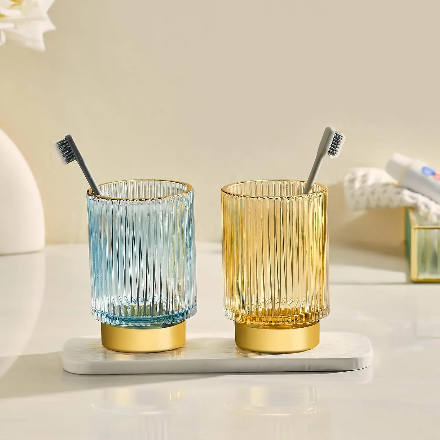 Makeup Brush Holder Organizer,Toothbrush Holders,Desk Pen Pencil Holder,Multifunctional Vintage Glass Brush Cup（L/Blue/A3-8-US）