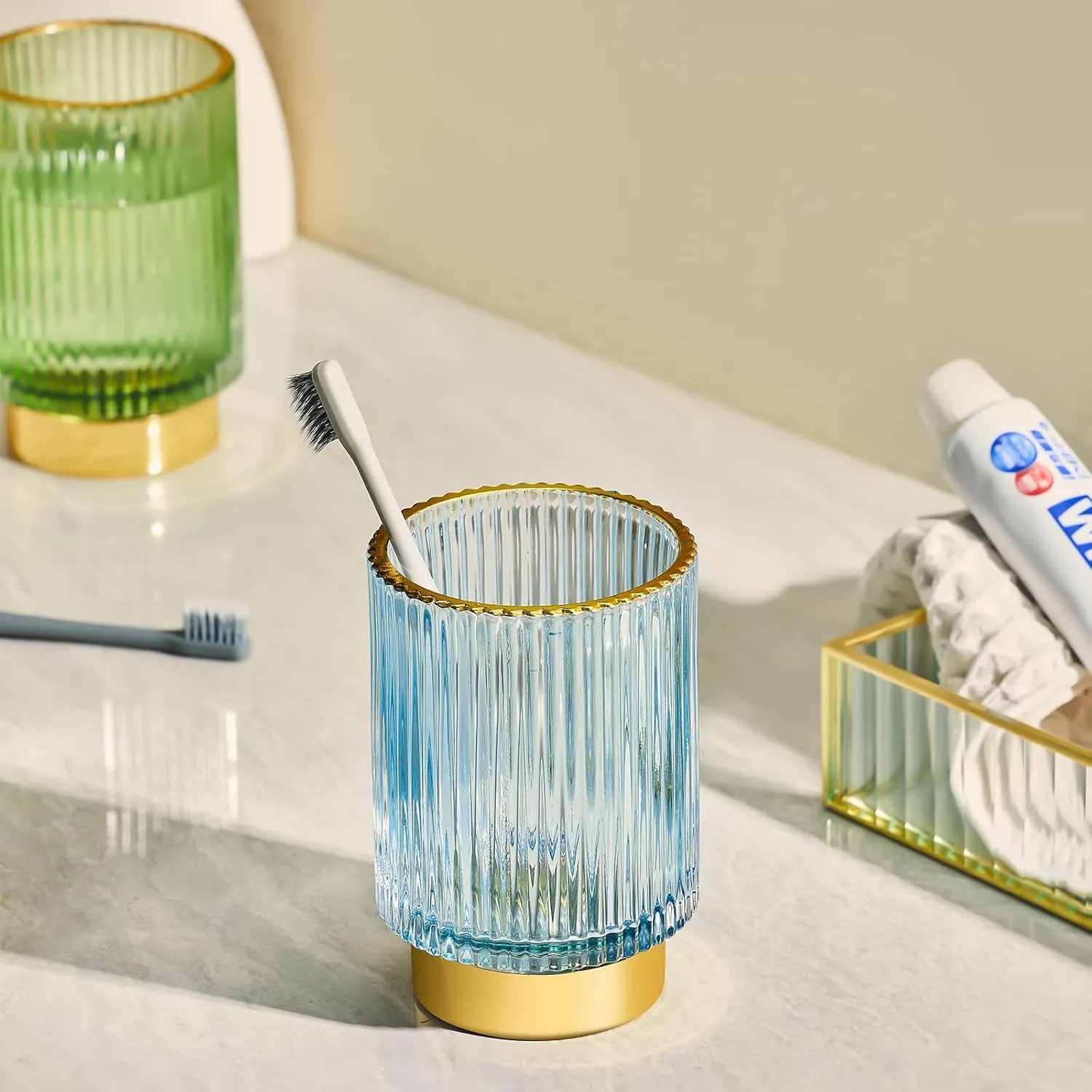 Makeup Brush Holder Organizer,Toothbrush Holders,Desk Pen Pencil Holder,Multifunctional Vintage Glass Brush Cup（L/Blue/A3-8-US）