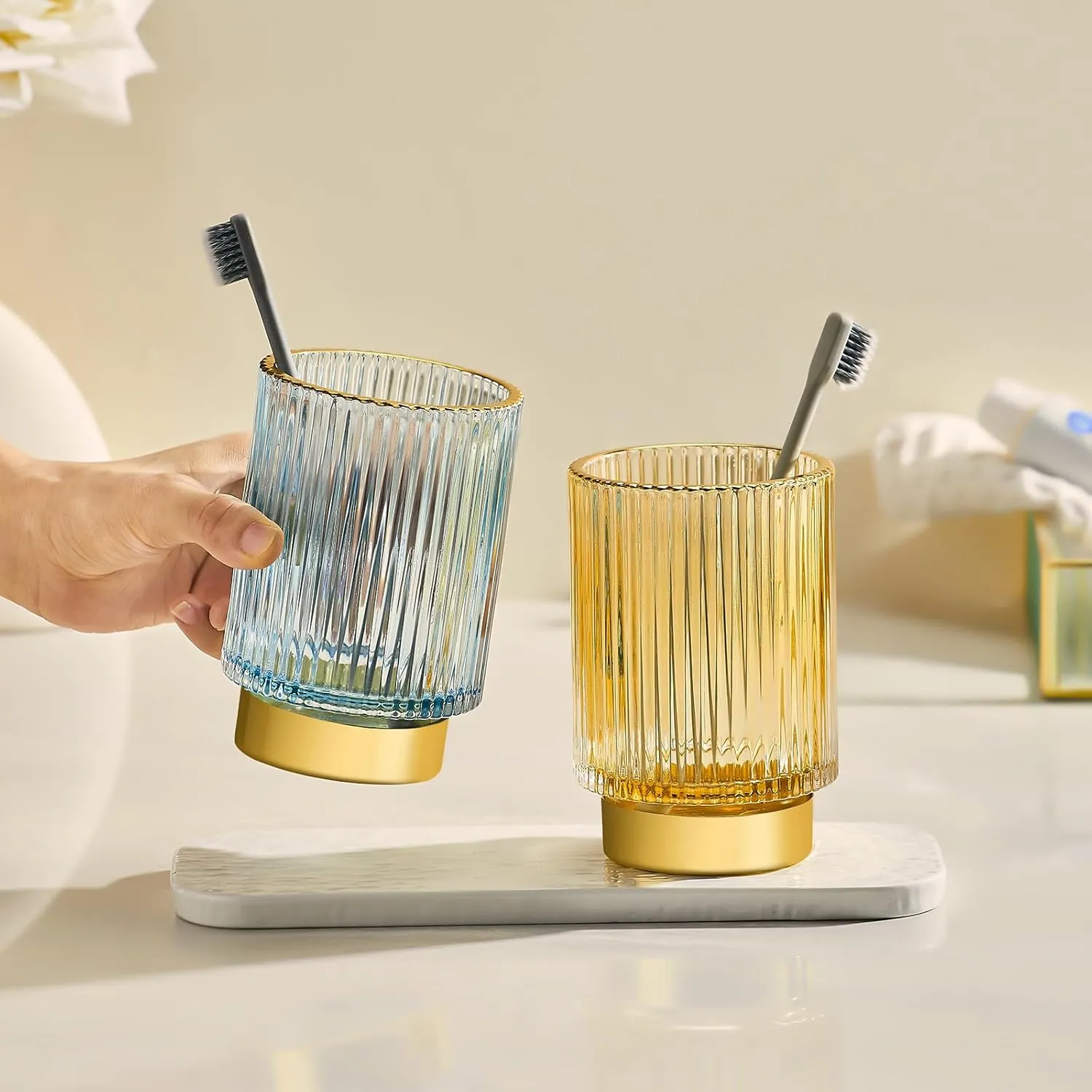 Makeup Brush Holder Organizer,Toothbrush Holders,Desk Pen Pencil Holder,Multifunctional Vintage Glass Brush Cup（L/Gold/A3-7-US）