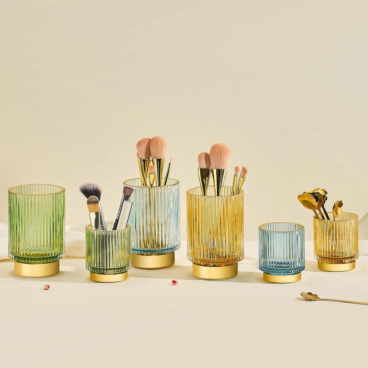Makeup Brush Holder Organizer,Toothbrush Holders,Desk Pen Pencil Holder,Multifunctional Vintage Glass Brush Cup（L/Gold/A3-7-US）