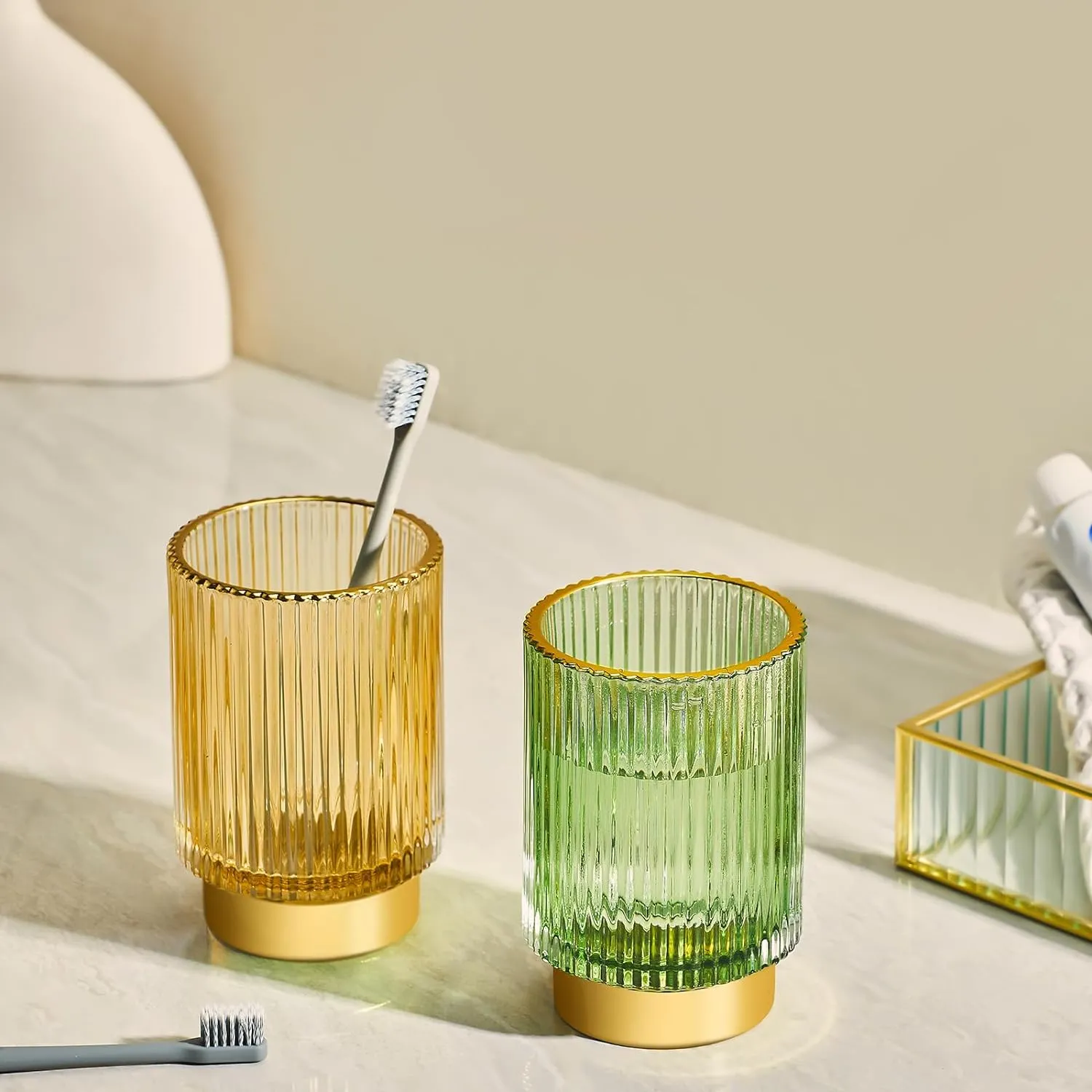 Makeup Brush Holder Organizer,Toothbrush Holders,Desk Pen Pencil Holder,Multifunctional Vintage Glass Brush Cup（L/Gold/A3-7-US）