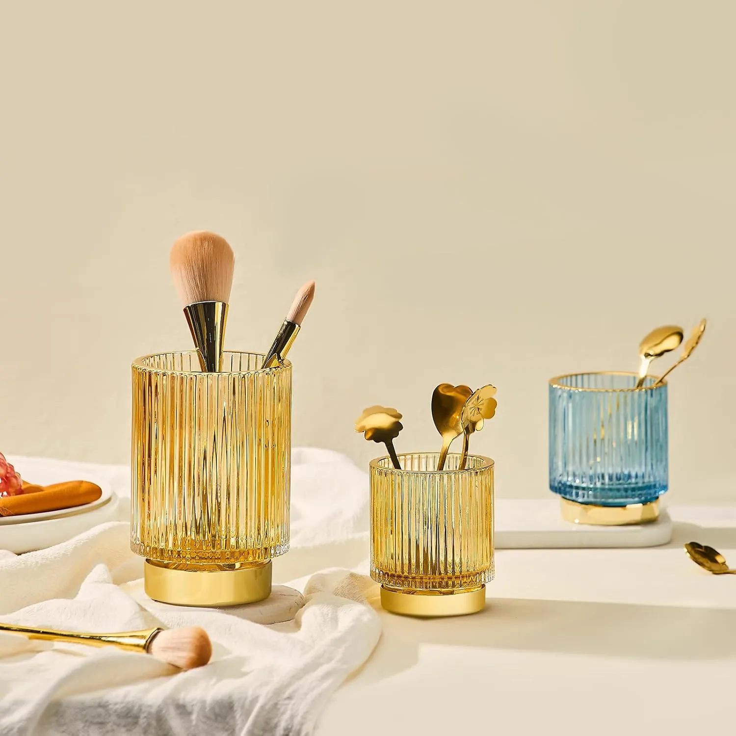 Makeup Brush Holder Organizer,Toothbrush Holders,Desk Pen Pencil Holder,Multifunctional Vintage Glass Brush Cup（L/Gold/A3-7-US）