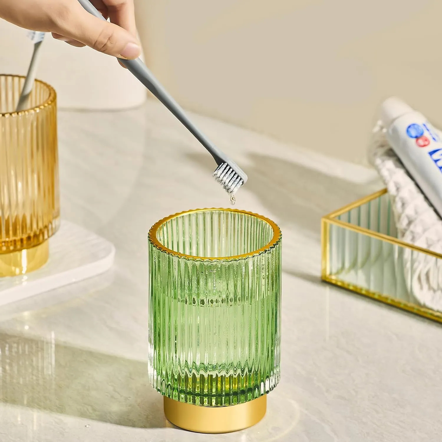 Makeup Brush Holder Organizer,Toothbrush Holders,Desk Pen Pencil Holder,Multifunctional Vintage Glass Brush Cup（L/Green/A3-6-US）