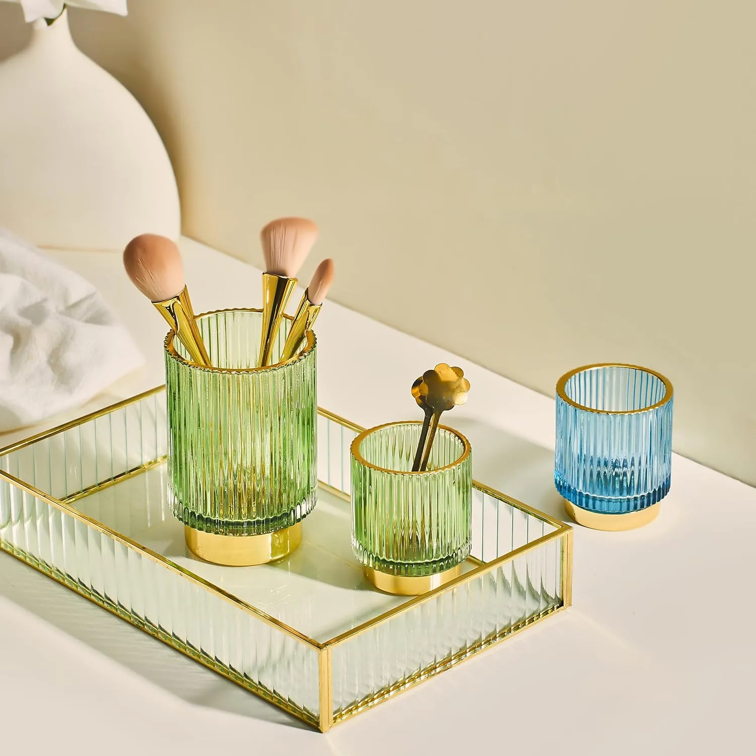 Makeup Brush Organizer, Toothbrush Holder, Desk Pen Pencil Holder, Multifunctional Vintage Glass Brush Cup (S/Gold/A3-12-US)