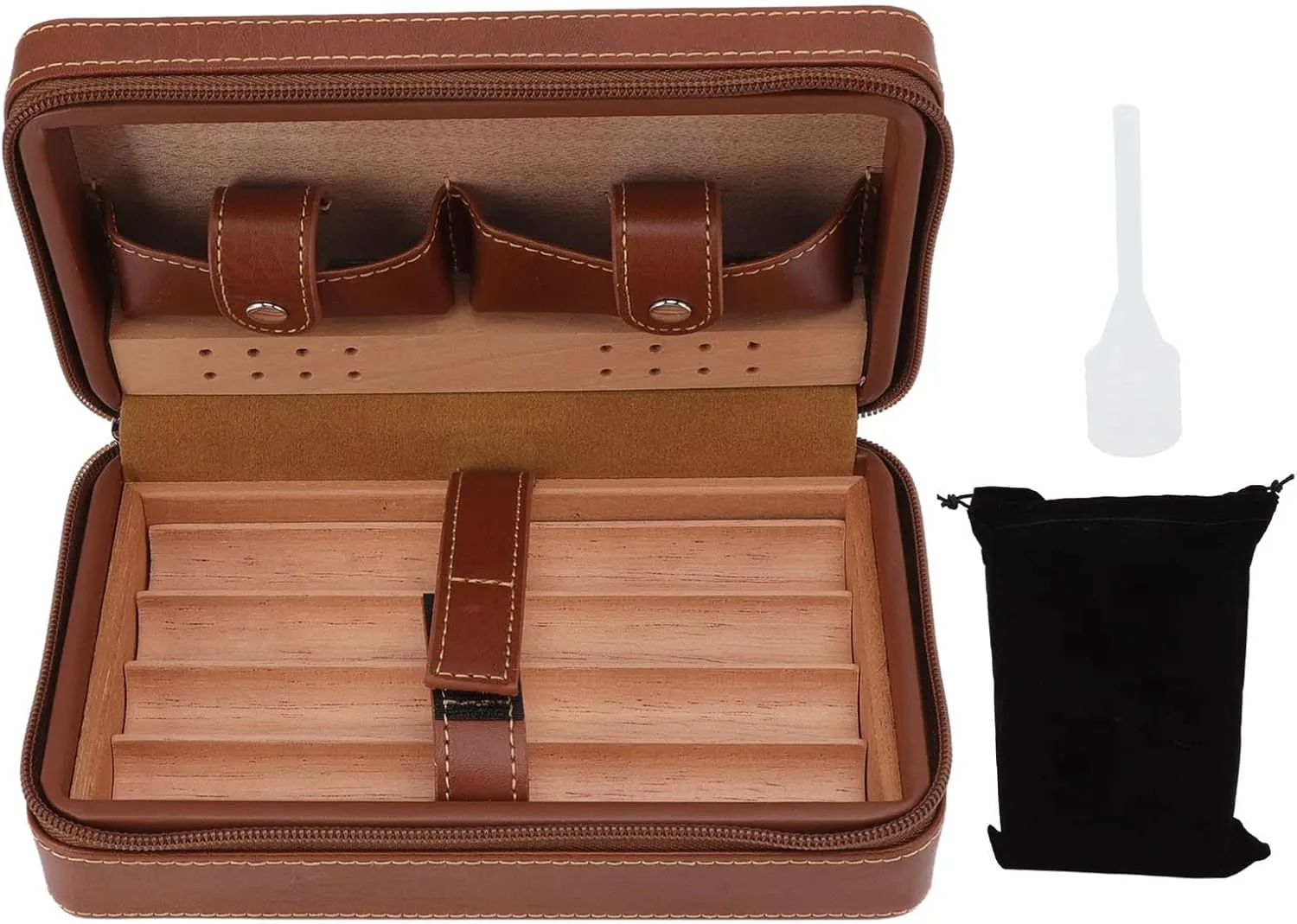 Manual Sewing Cigar Humidor Case, Brown Leather Cedarwood Cigar Case, Classical Cigar Box with Storage Bag for Travel, Clubs and Meetings