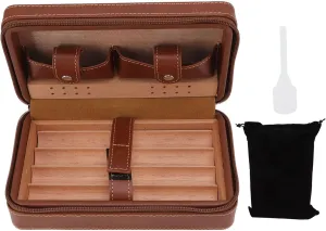 Manual Sewing Cigar Humidor Case, Brown Leather Cedarwood Cigar Case, Classical Cigar Box with Storage Bag for Travel, Clubs and Meetings