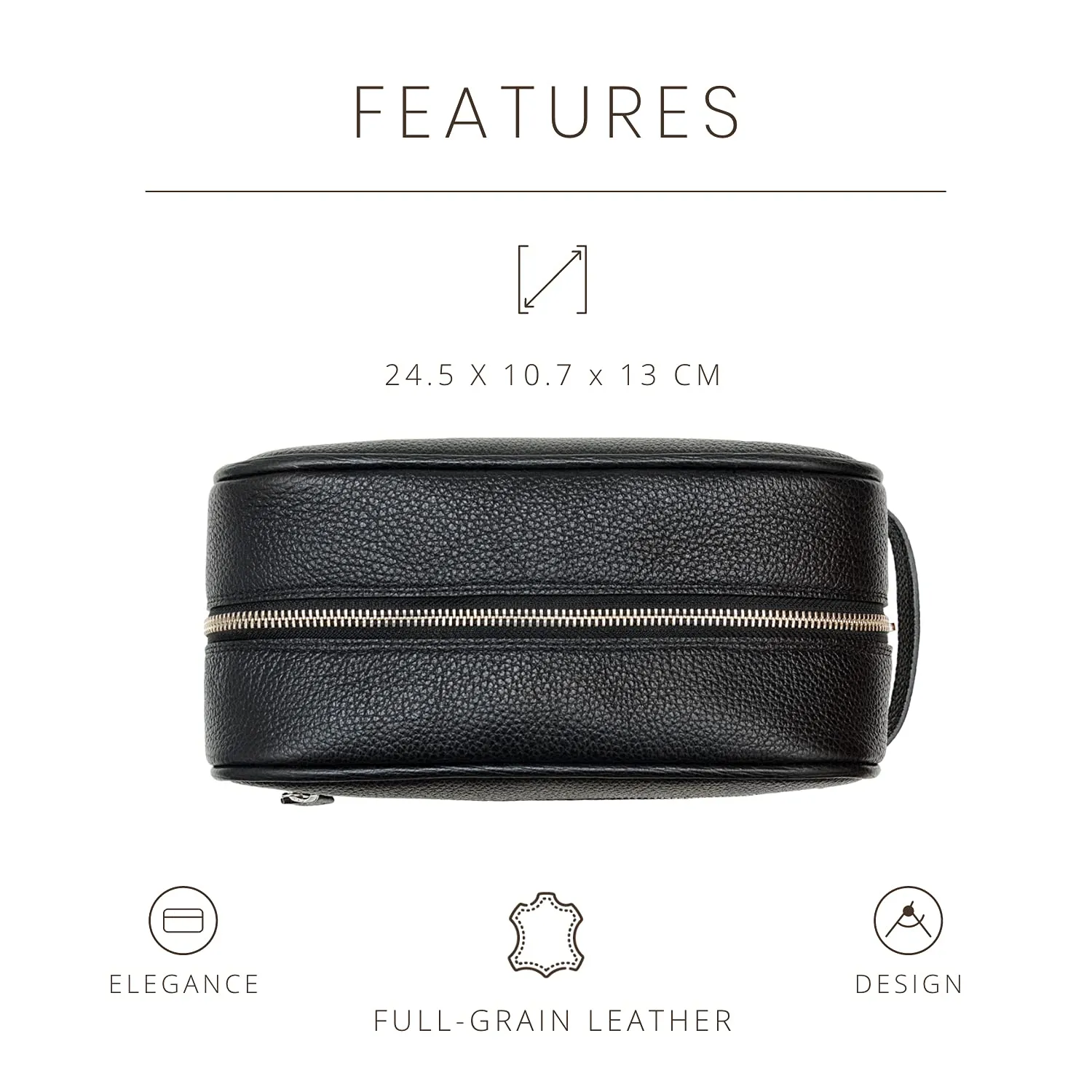 Maruse Italian Leather Toiletry Travel Bag with 2 Zippered Closures for Men and Women, Handmade in Italy (Black)