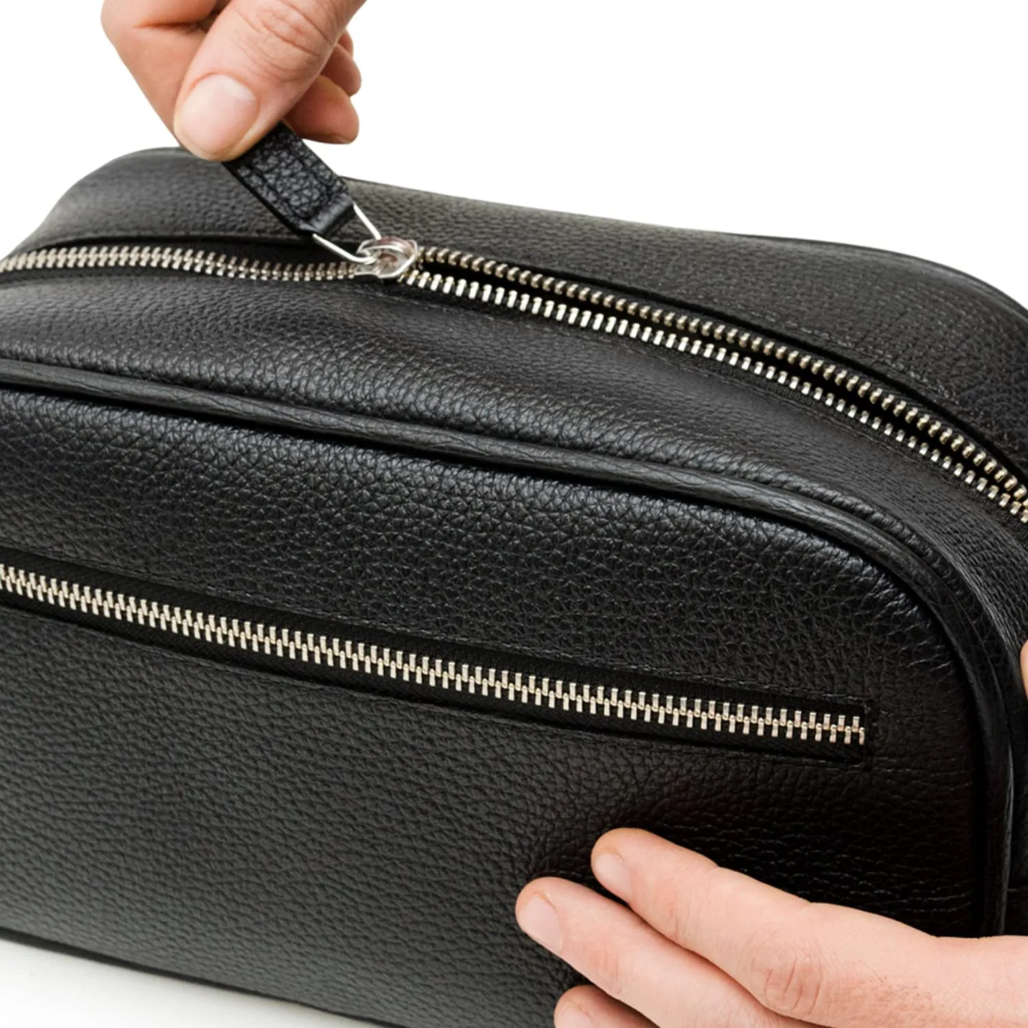 Maruse Italian Leather Toiletry Travel Bag with 2 Zippered Closures for Men and Women, Handmade in Italy (Black)