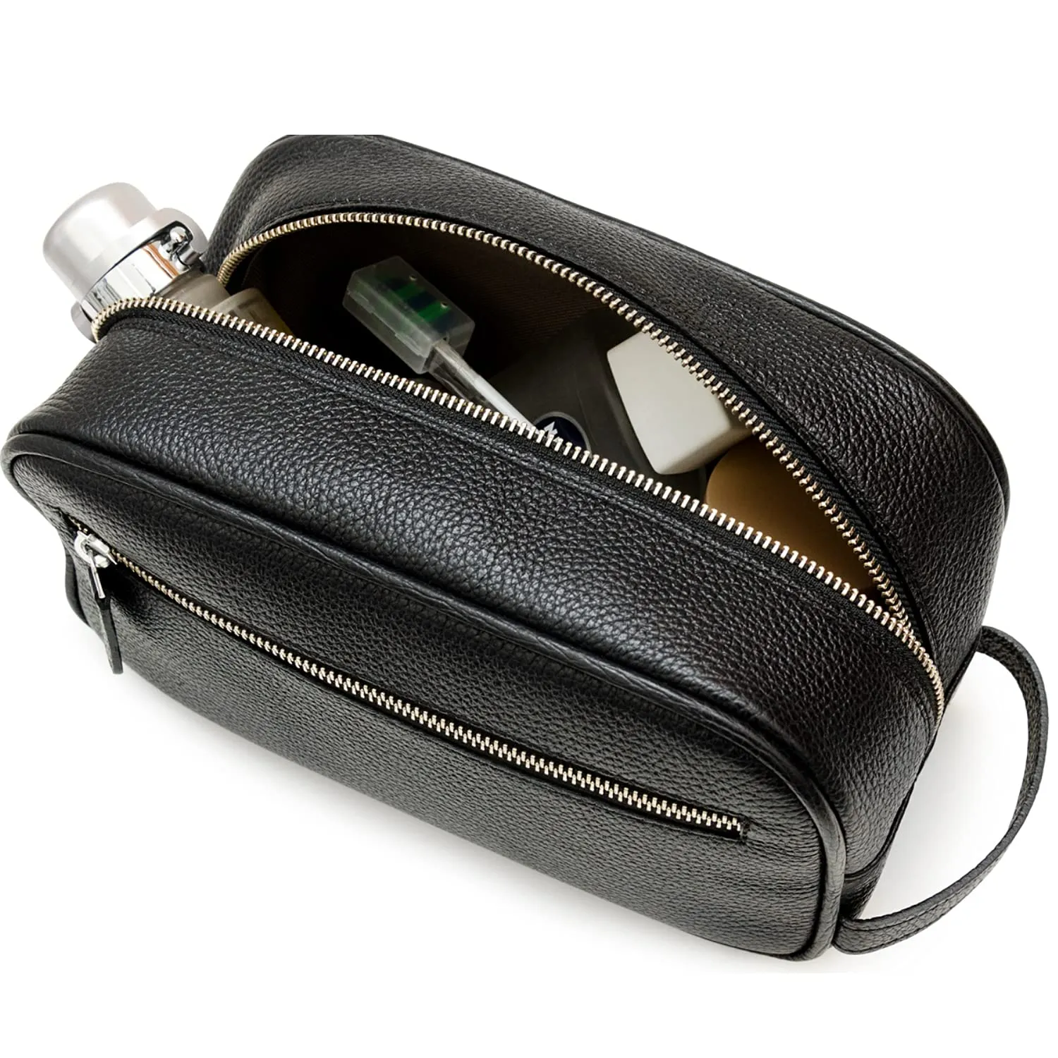 Maruse Italian Leather Toiletry Travel Bag with 2 Zippered Closures for Men and Women, Handmade in Italy (Black)