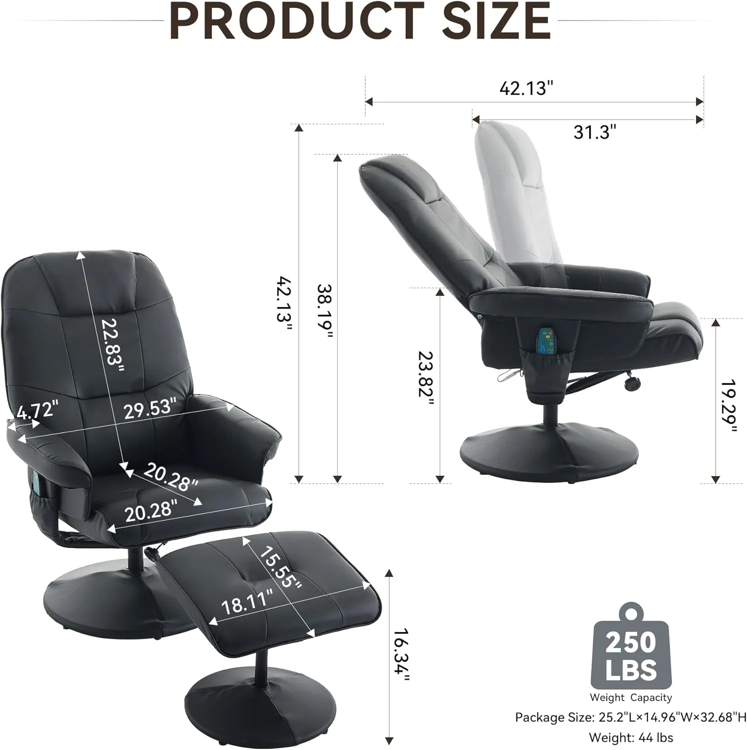 Massage Swivel Stressless Recliner with Ottoman - Swivel Reclining Chair with Ottoman & 360° Rotation & Manual Design, Faux Leather Recliner Chairs for Adults, Massage Chair Recliner for Den (Black)