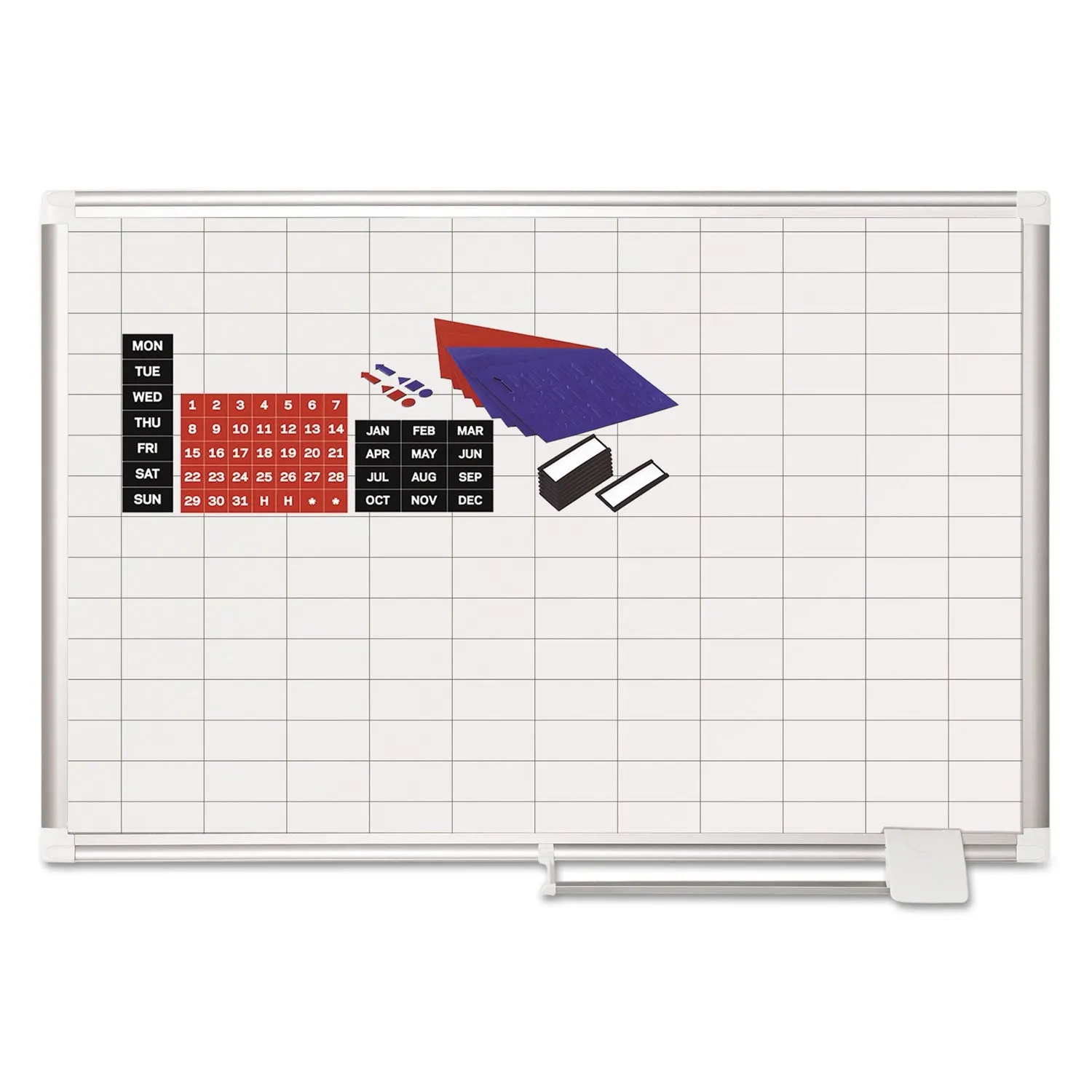 MasterVision® Gridded Magnetic Steel Dry Erase Project Planning Board, 1" x 2" Cells, 36" x 24", White Surface, Satin Aluminum Frame