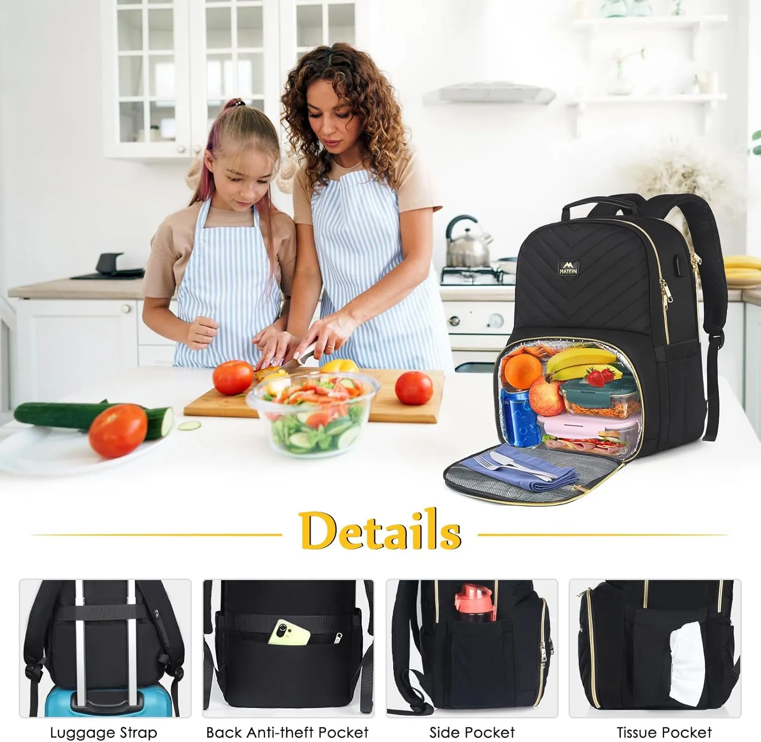 MATEIN Lunch Backpack for Women, 15.6inch Laptop Work Backpack with Insulated Cooler Compartment, Water Resistant Teacher Nurse Backpack with USB Port for College Picnic Camping Beaches, Women Gifts