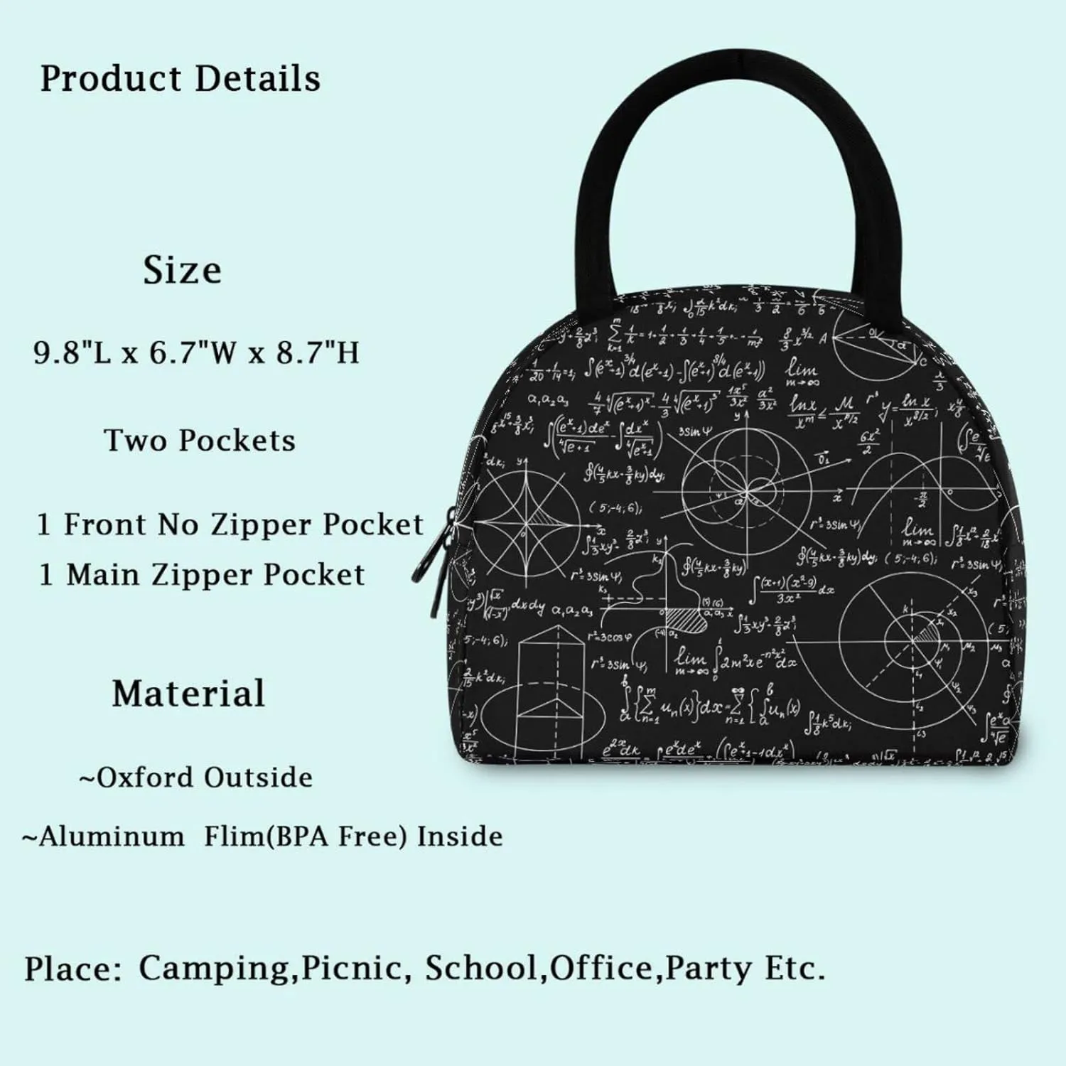 Math Formulas Calculations Pattern Insulated Lunch Tote Bag, Reusable Multi-Pocket Container Cooler Bag for Women&Men School Work Picnic Outdoor Travel