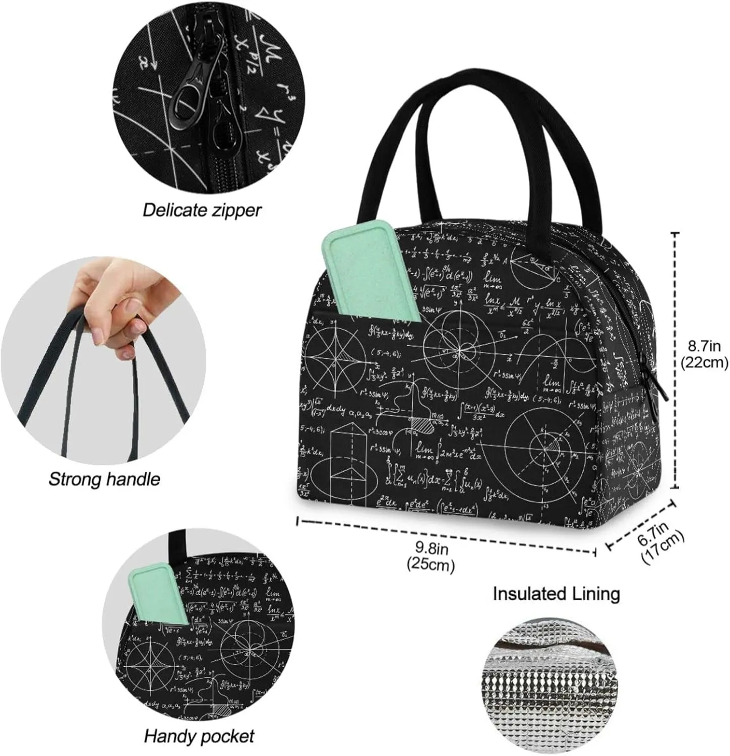 Math Formulas Calculations Pattern Insulated Lunch Tote Bag, Reusable Multi-Pocket Container Cooler Bag for Women&Men School Work Picnic Outdoor Travel