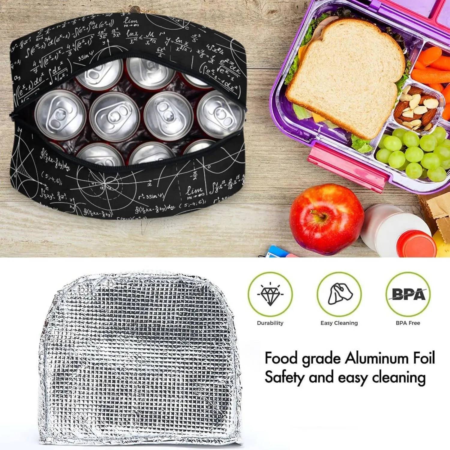 Math Formulas Calculations Pattern Insulated Lunch Tote Bag, Reusable Multi-Pocket Container Cooler Bag for Women&Men School Work Picnic Outdoor Travel