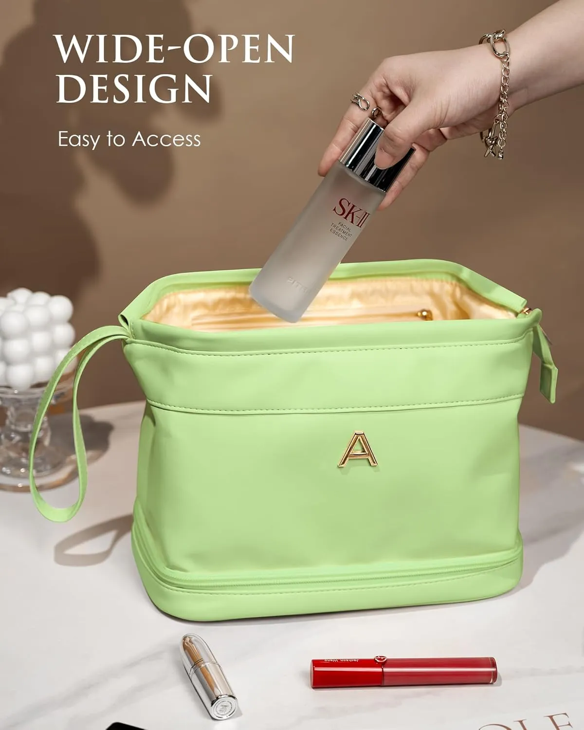 Matron of Honor Gifts, Initial Large Makeup Bag, Bride To Be Gifts, Double Layer Cosmetic Bag, Waterproof PU Travel Toiletry Bag for Bachelorette Party Women Wedding Bridal, Bride Gifts