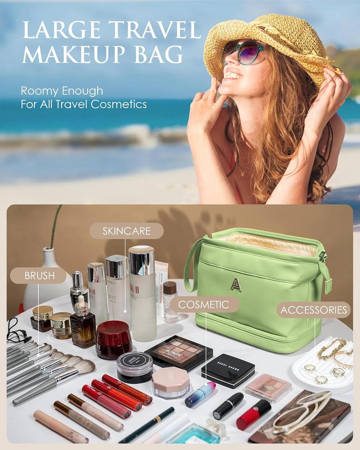 Matron of Honor Gifts, Initial Large Makeup Bag, Bride To Be Gifts, Double Layer Cosmetic Bag, Waterproof PU Travel Toiletry Bag for Bachelorette Party Women Wedding Bridal, Bride Gifts